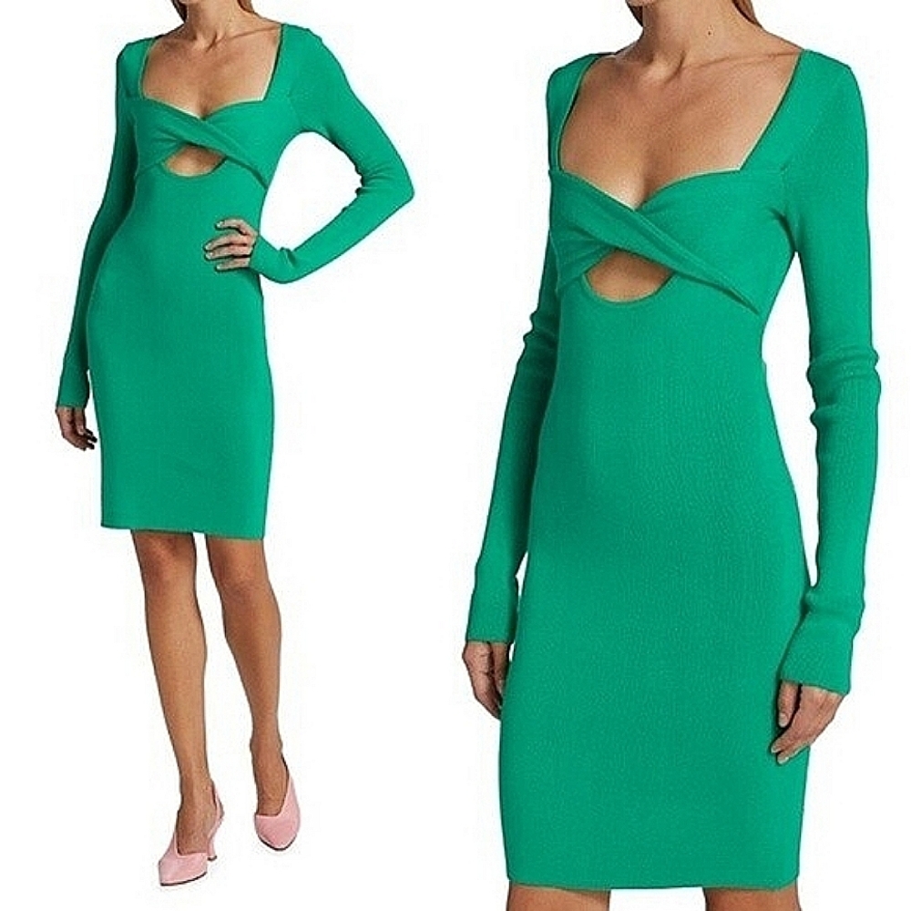 Le Superbe Retrograde Green Twist Front Cut-Out Rib Knit Bodycon Mini Dress